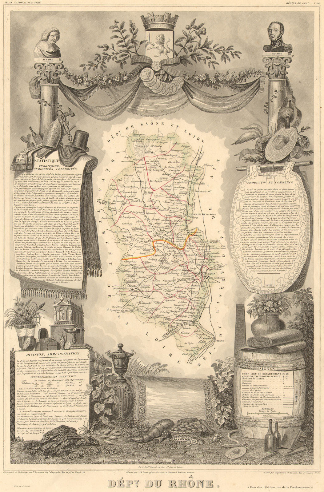 Département du RHÔNE. Decorative antique map/carte by Victor LEVASSEUR 1852